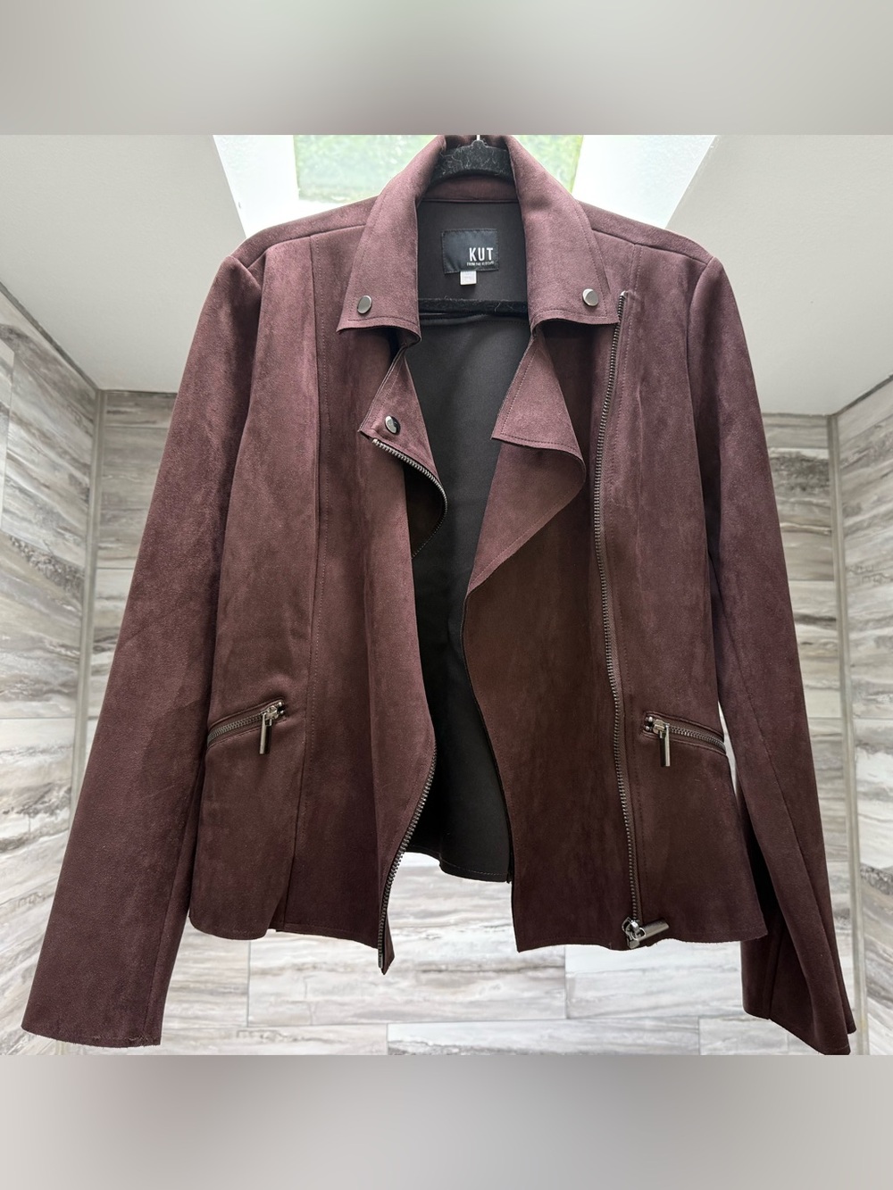 W’s XL Kut from the Kloth Milana espresso brown colored faux suede moto jacket